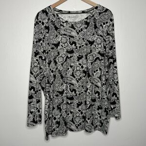 Roaman's Womens Long Sleeve Shirt 1X 22/24 Black White Paisley Casual Basics‎